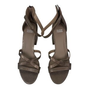 Eileen Fisher Nuni Sandal Women's Size 9.5 Gold Metallic Leather Block Heel Shoe